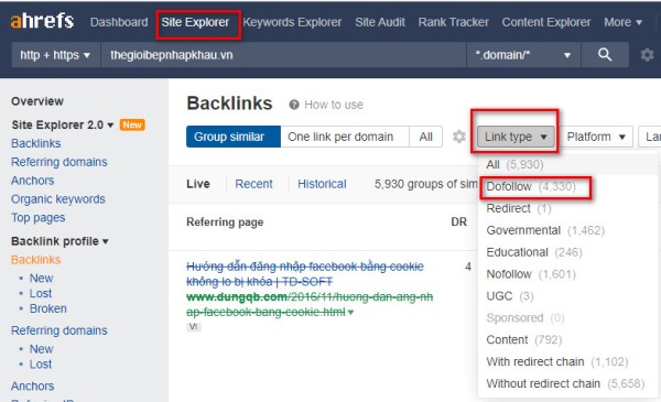 Kiểm tra các link Dofollow trên Ahrefs